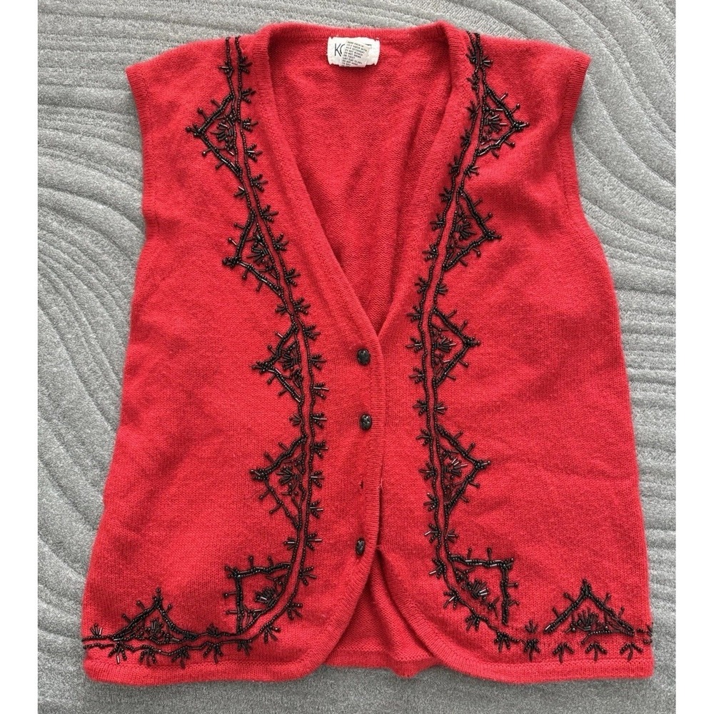 Vintage Koret Floral Beading Knit Sweater Vest Red Womens Large‎ Acrylic *FLAW*